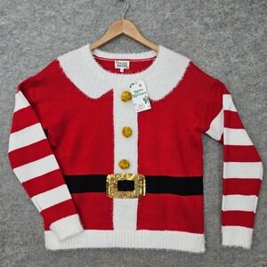NEW Major Label Group Womens Santa Suit Sweater Red Small Sequin Buckle Pom Poms